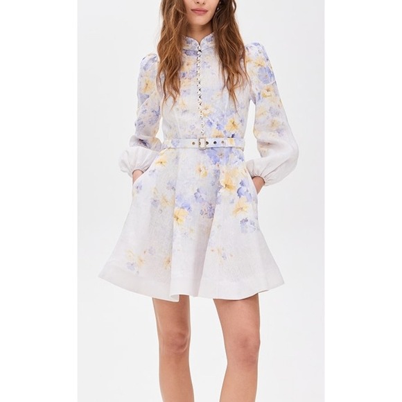 Floral Mini Dress Bishop Sleeve Pearl Button Belted Party Cocktail Dress - Picture 1 of 9